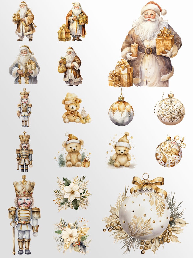 Golden Christmas Clipart: Watercolor X-mas for Crafts and Decor | PNG Bundle | Digital Download | Sublimation Designs| Cute Christmas Art