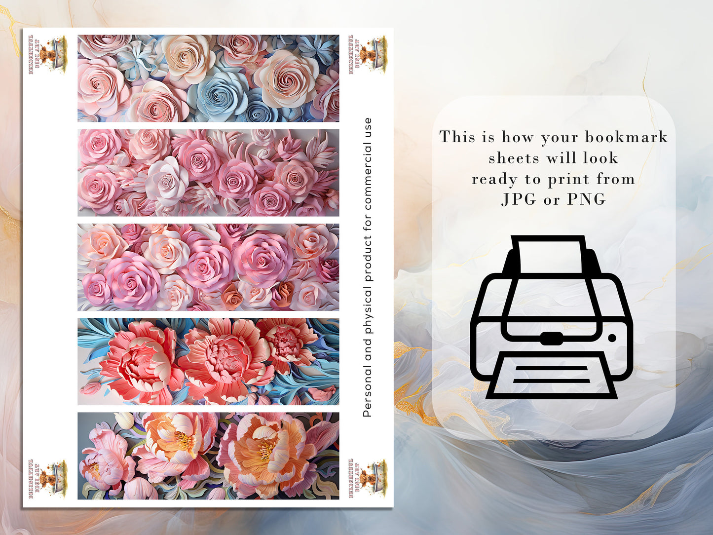 10 3D Pastel Flowers Printable Bookmarks | Digital Download JPG Bookmark Sheets | PNG bookmark sublimation | Floral bookmark set