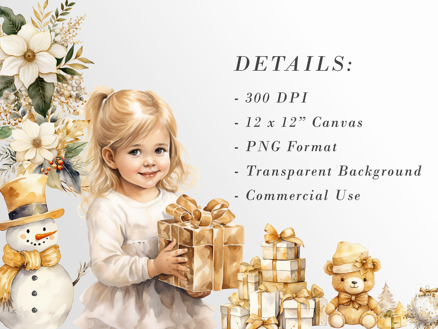 Golden Christmas Clipart: Watercolor X-mas for Crafts and Decor | PNG Bundle | Digital Download | Sublimation Designs| Cute Christmas Art