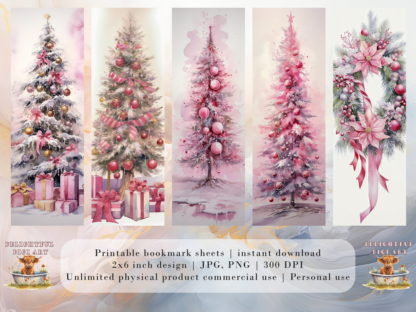 20 Cute Pink Christmas Printable Bookmarks | Digital Download JPG Bookmark Set| PNG bookmark sublimation | X-Mas bookmark set | Fussy Cuts