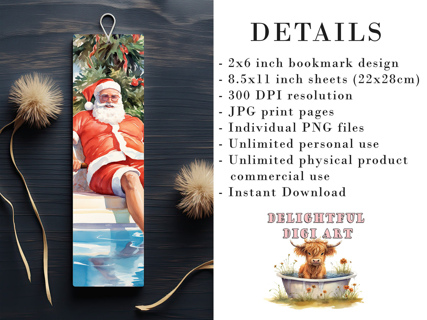 10 Summer Santa Printable Bookmarks | Digital Download JPG Bookmark Sheets| PNG bookmark sublimation| Bookmark set| Funny Xmas Graphics