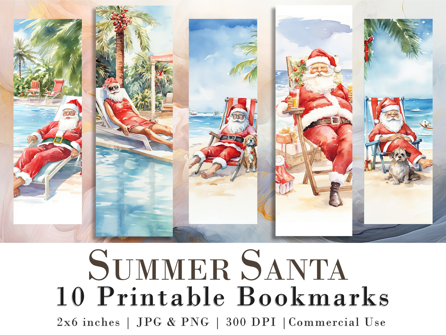 10 Summer Santa Printable Bookmarks | Digital Download JPG Bookmark Sheets| PNG bookmark sublimation| Bookmark set| Funny Xmas Graphics