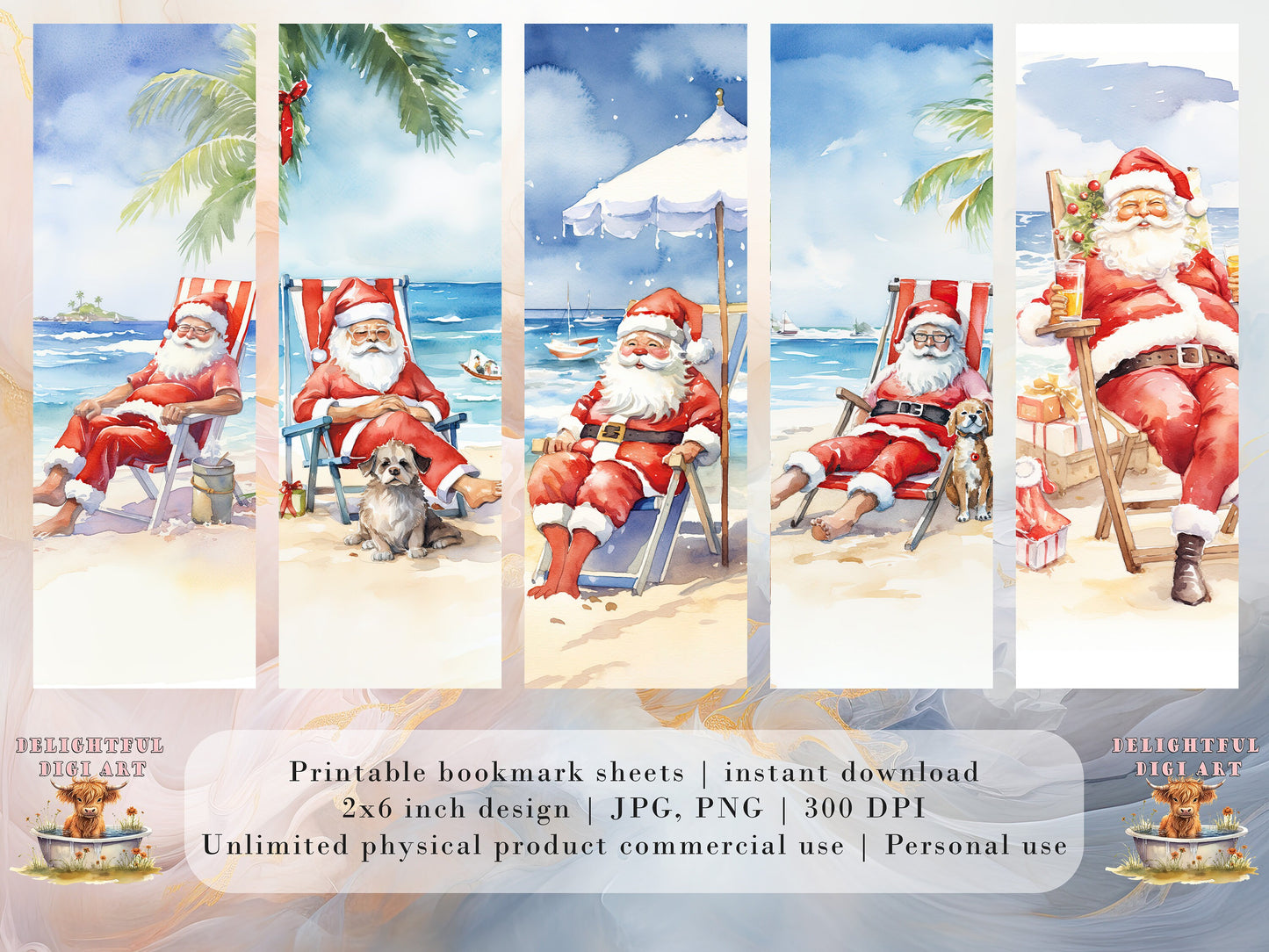 10 Summer Santa Printable Bookmarks | Digital Download JPG Bookmark Sheets| PNG bookmark sublimation| Bookmark set| Funny Xmas Graphics
