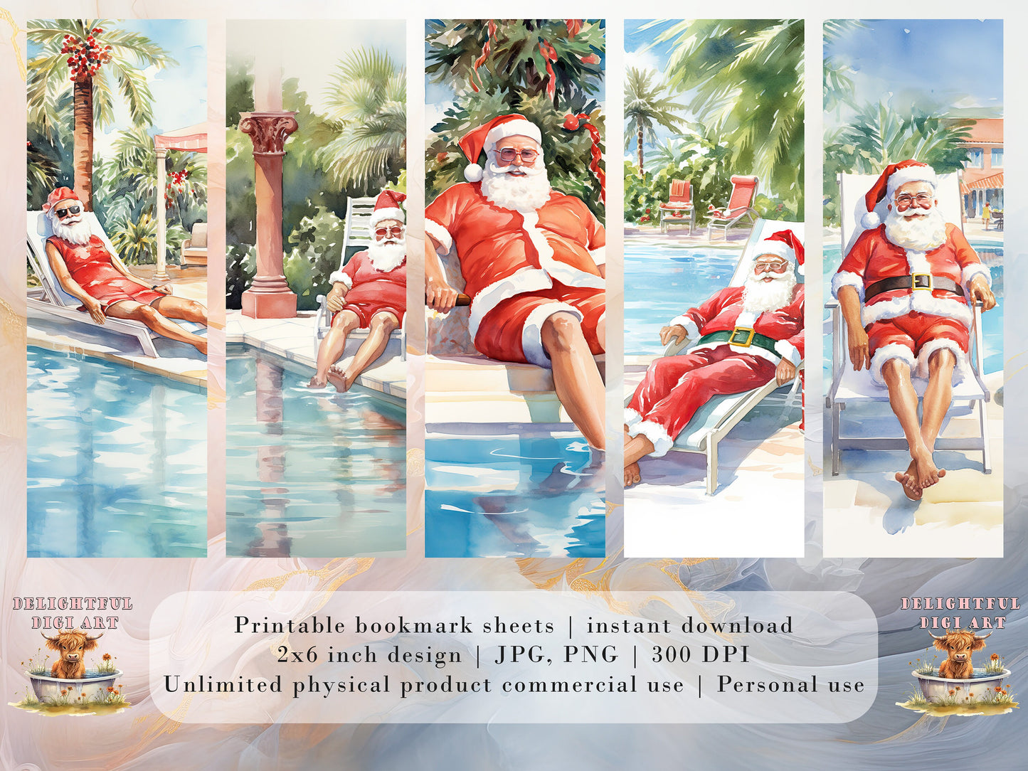 10 Summer Santa Printable Bookmarks | Digital Download JPG Bookmark Sheets| PNG bookmark sublimation| Bookmark set| Funny Xmas Graphics