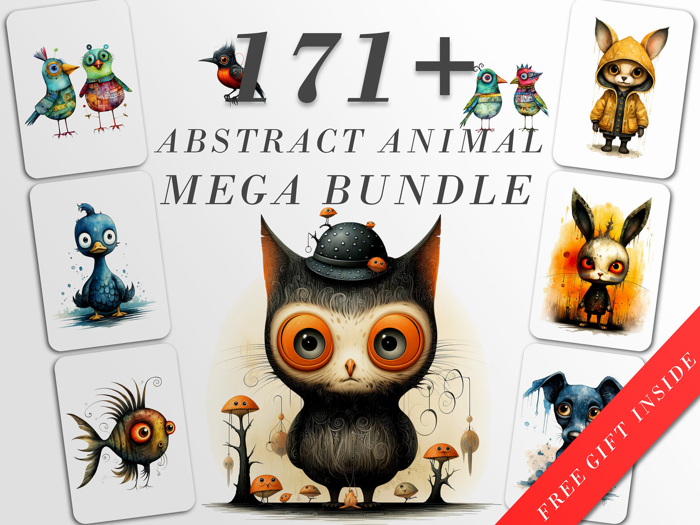 Abstract Animal Mega Bundle | Whimsical Animal Art | Crafts and Decor | PNG Bundle | Sublimation Designs | Junk Journal | Scrapbook Ephemera