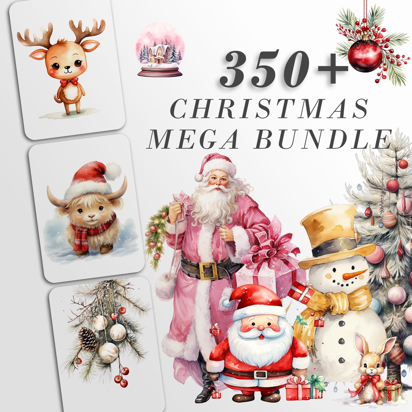 Watercolor Christmas Clipart Mega Bundle: Christmas Crafts and Decor | PNG Set | Digital Download | Santa | Reindeer | Decorations | Scenes
