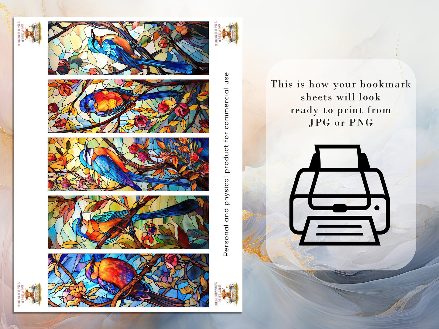 10 Stained Glass Bird Printable Bookmarks | Digital Download JPG Bookmark Sheets | PNG bookmark sublimation | Bird bookmark set | Gift