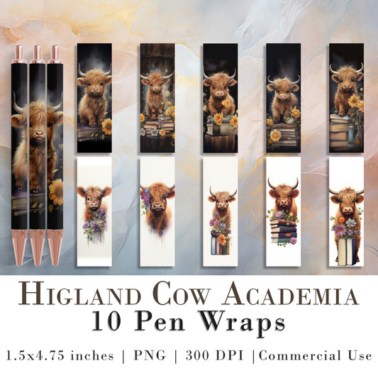 10 Highland Cow Academia Pen Wrap PNGs | Pen Wrap Sublimation Designs | Pen Waterslide Designs | Pencil Sublimation Design | Epoxy Pen Wraps