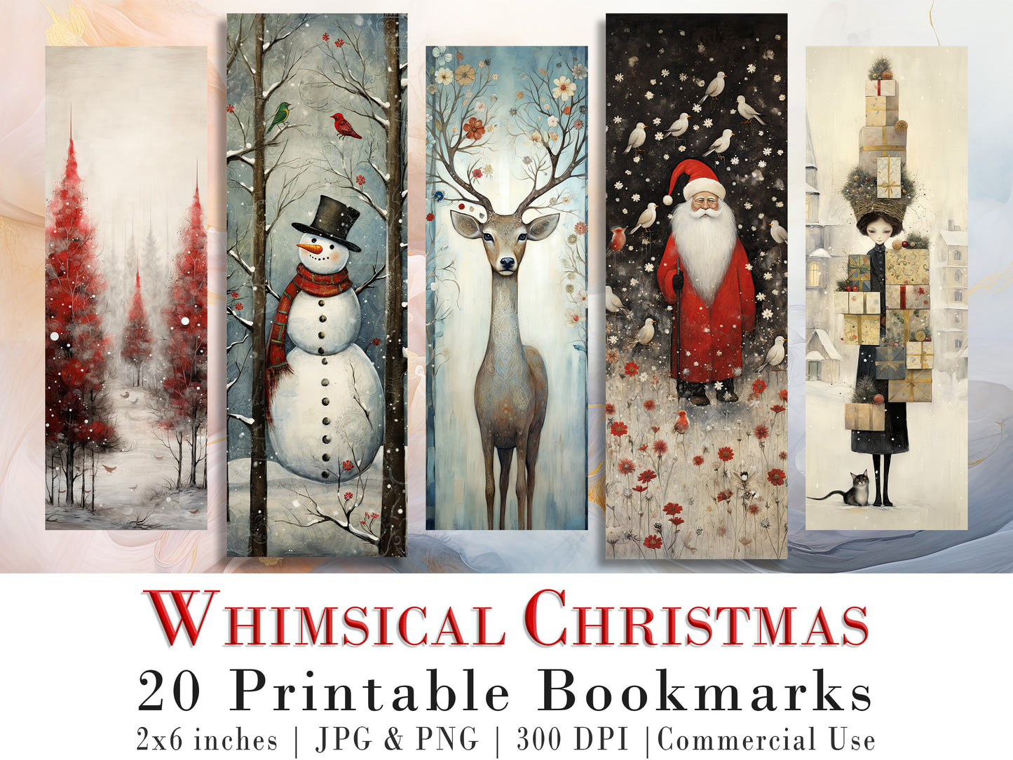 20 Whimsical Christmas Printable Bookmarks| Digital Download JPG Bookmark Sheets | Retro Xmas | Stocking Filler| DIY Gift Idea| Abstract Art