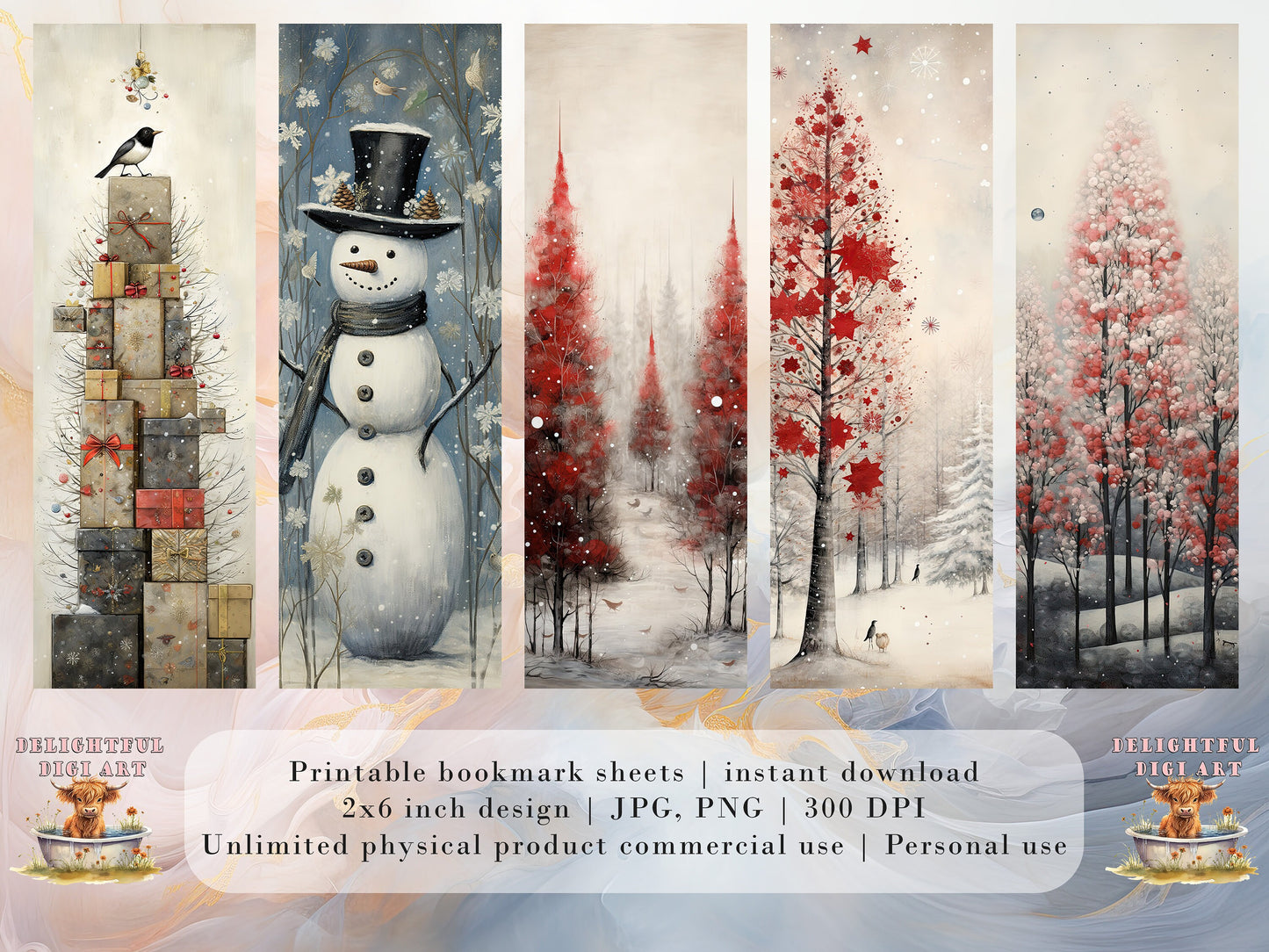 20 Whimsical Christmas Printable Bookmarks| Digital Download JPG Bookmark Sheets | Retro Xmas | Stocking Filler| DIY Gift Idea| Abstract Art