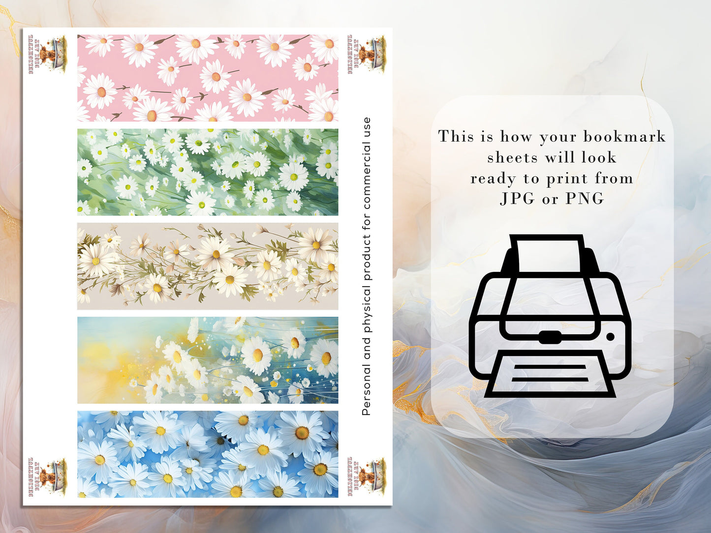 10 Cute Daisy Printable Bookmarks | Digital Download JPG Bookmark Set| PNG bookmark sublimation | Whimsical Dasies bookmark set | Fussy Cuts