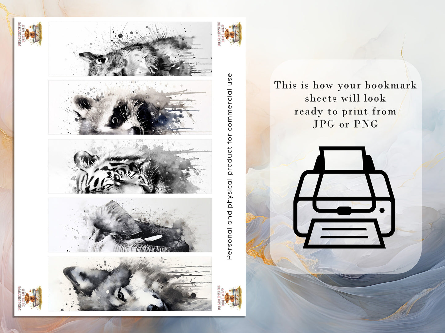 10 Black and White Animal Printable Bookmarks | Digital Download JPG Bookmark Sheets | PNG bookmark sublimation | Animals bookmark set