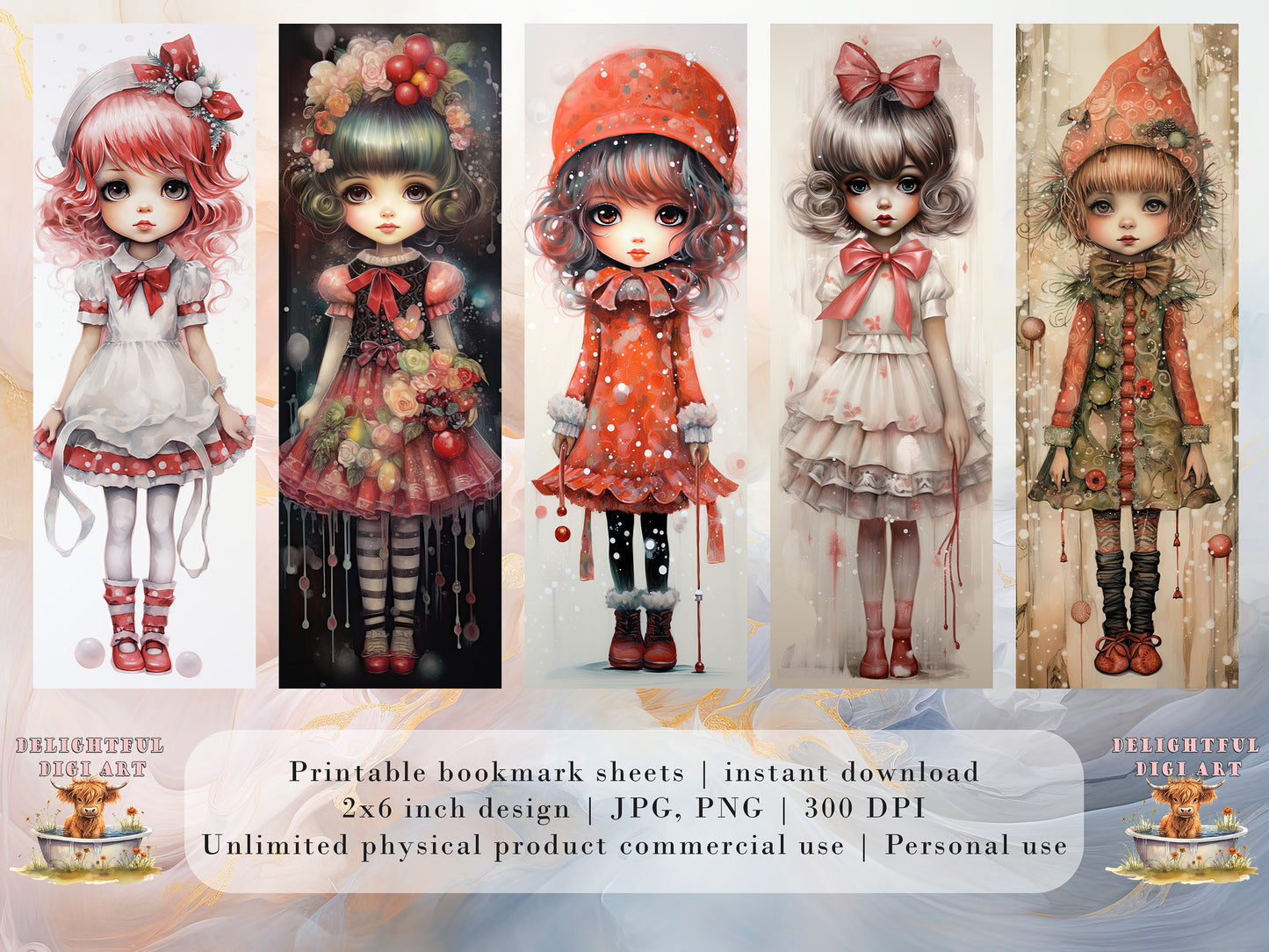 2O Christmas Chibi Girls Watercolor Printable Bookmarks | Digital Download JPG Bookmark Set | PNG bookmark | Big Eyes sublimation bookmarks