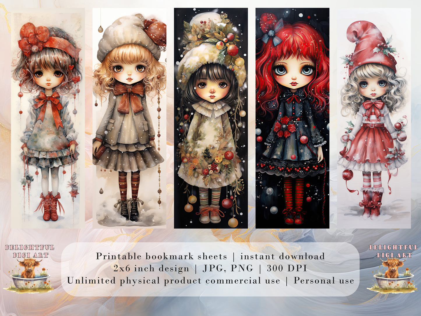 2O Christmas Chibi Girls Watercolor Printable Bookmarks | Digital Download JPG Bookmark Set | PNG bookmark | Big Eyes sublimation bookmarks