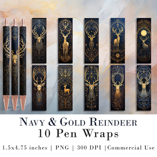 10 Navy & Gold Reindeer Pen Wrap PNGs | Pen Wrap Sublimation Designs | Pen Waterslide Designs | Epoxy Pen Wraps | Christmas Design Pack