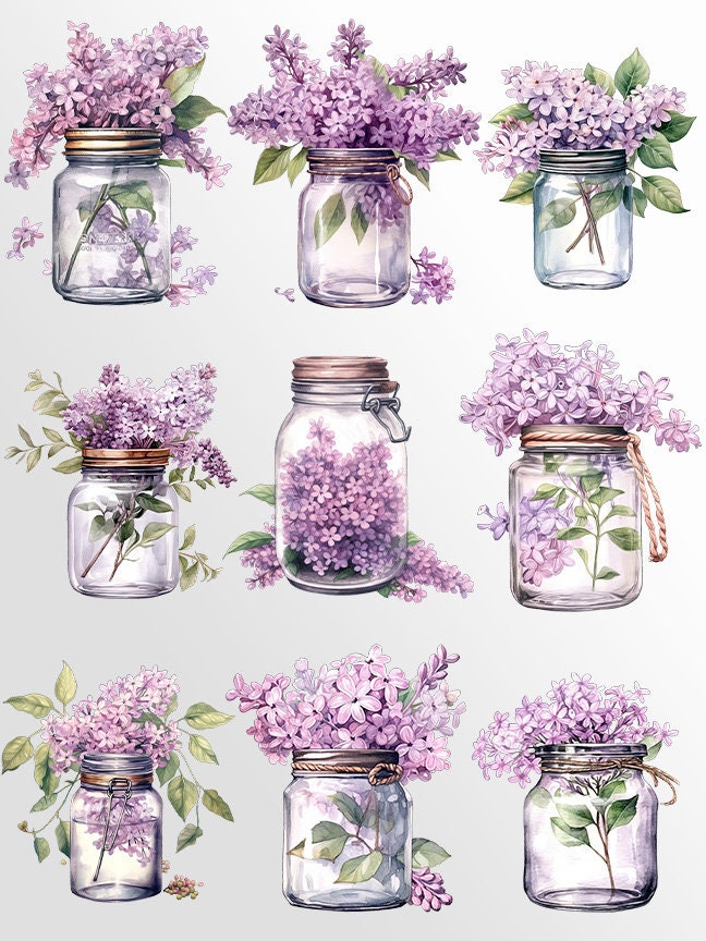 Lilac Floral Jars Clipart: Purple flowers in vases PNG Bundle | Watercolor Floral Bouquets | Elements Commercial Use | Digital Crafting