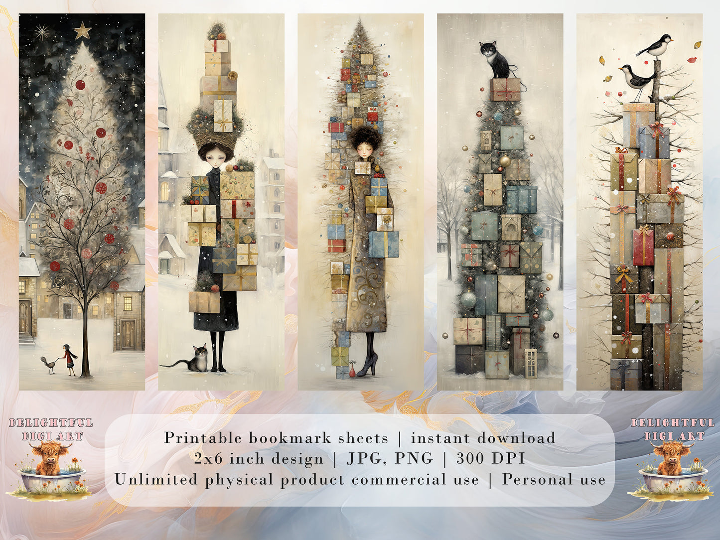 20 Whimsical Christmas Printable Bookmarks| Digital Download JPG Bookmark Sheets | Retro Xmas | Stocking Filler| DIY Gift Idea| Abstract Art