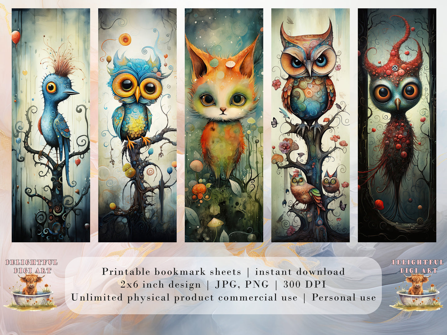 15 Quirky Creatures Printable Bookmarks | Digital Download JPG Bookmark Set| PNG bookmark sublimation | Whimsical bookmark set| Fussy Cuts