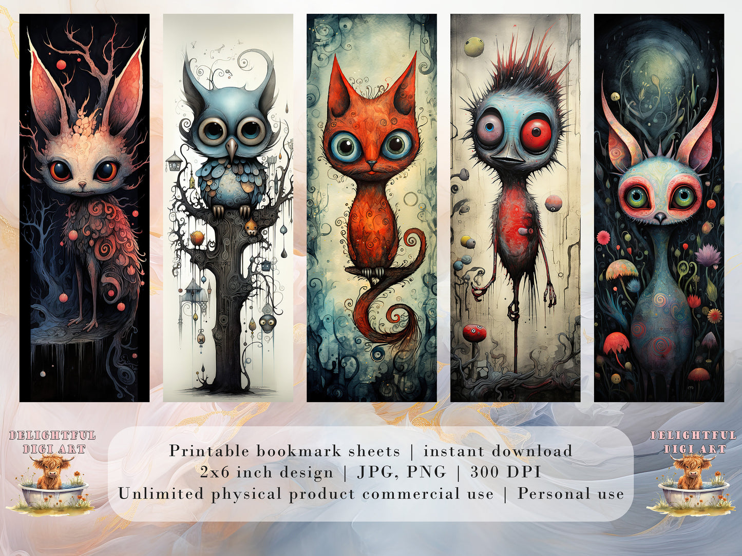 15 Quirky Creatures Printable Bookmarks | Digital Download JPG Bookmark Set| PNG bookmark sublimation | Whimsical bookmark set| Fussy Cuts