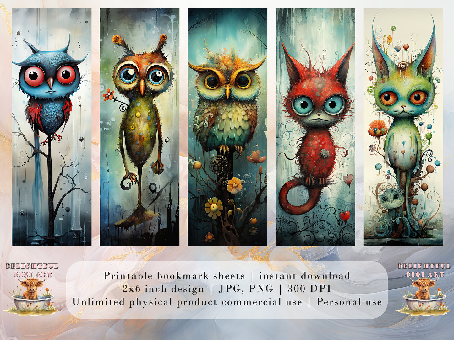15 Quirky Creatures Printable Bookmarks | Digital Download JPG Bookmark Set| PNG bookmark sublimation | Whimsical bookmark set| Fussy Cuts