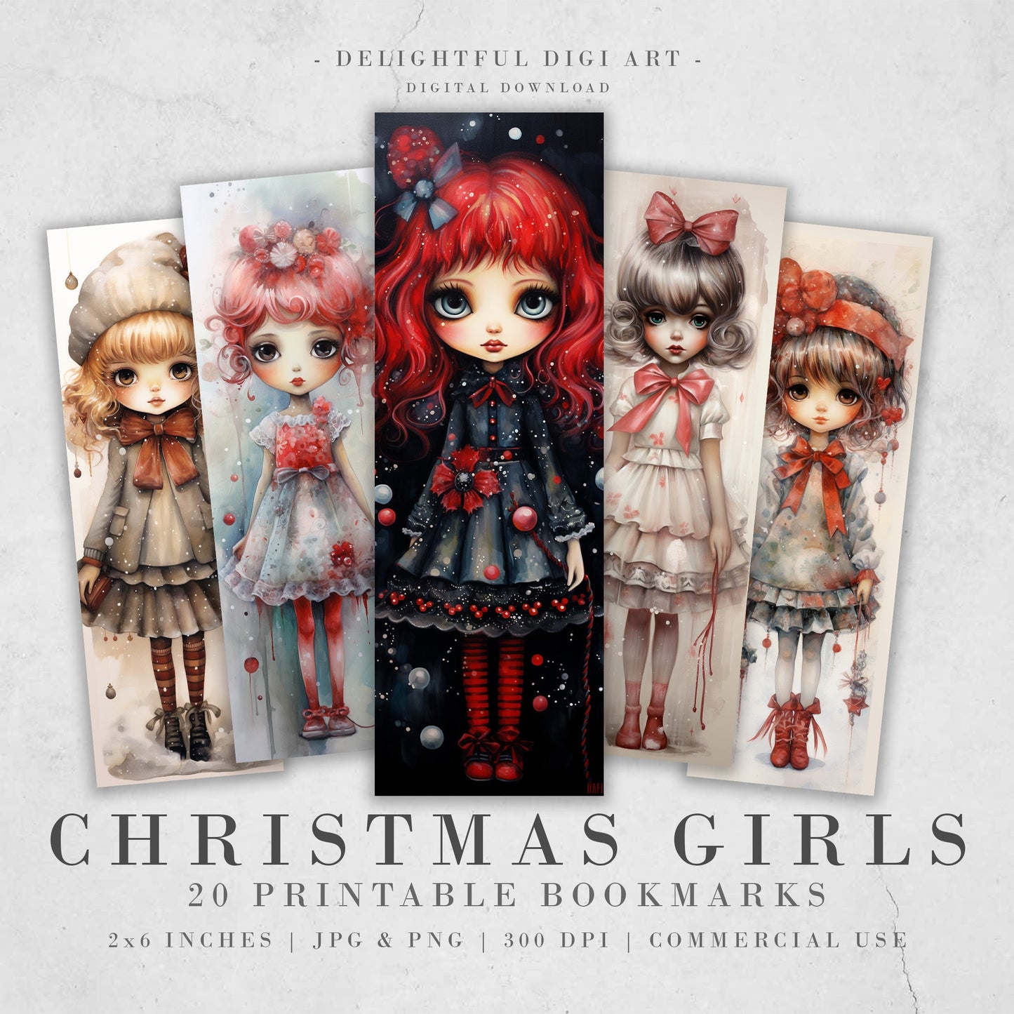 2O Christmas Chibi Girls Watercolor Printable Bookmarks | Digital Download JPG Bookmark Set | PNG bookmark | Big Eyes sublimation bookmarks