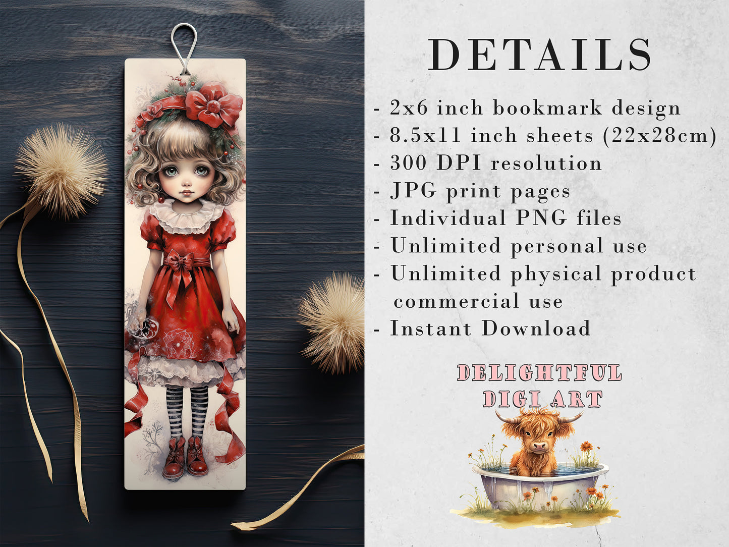 2O Christmas Chibi Girls Watercolor Printable Bookmarks | Digital Download JPG Bookmark Set | PNG bookmark | Big Eyes sublimation bookmarks