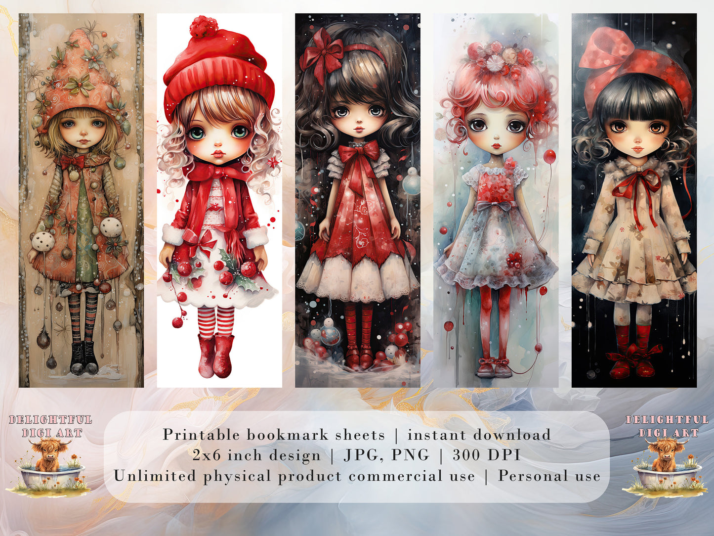 2O Christmas Chibi Girls Watercolor Printable Bookmarks | Digital Download JPG Bookmark Set | PNG bookmark | Big Eyes sublimation bookmarks