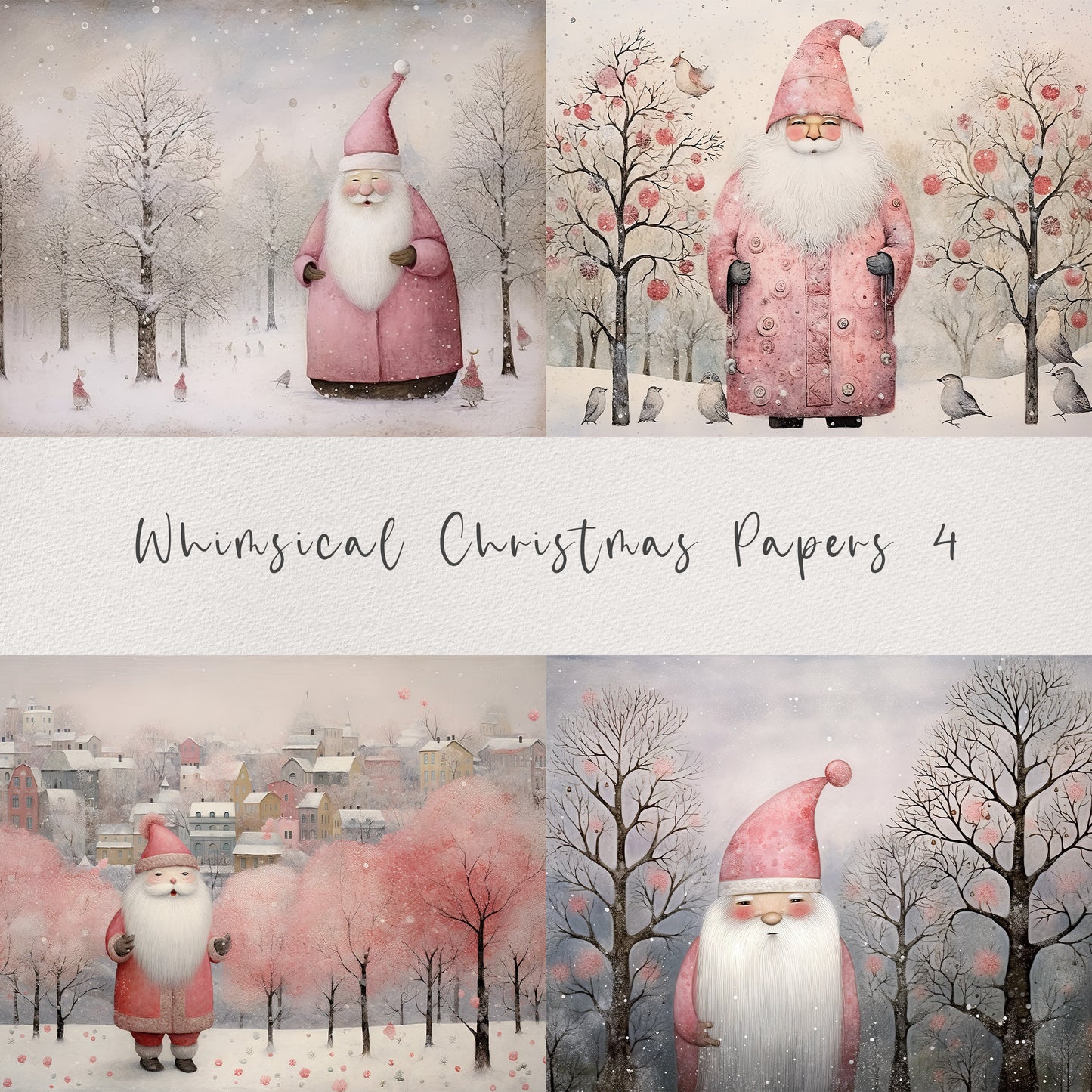 20 Whimsical Christmas Printable Art Pages| Digital Download JPG Paper Set| PNG sublimation| Whimsical Digital Paper | Pink Santa Claus