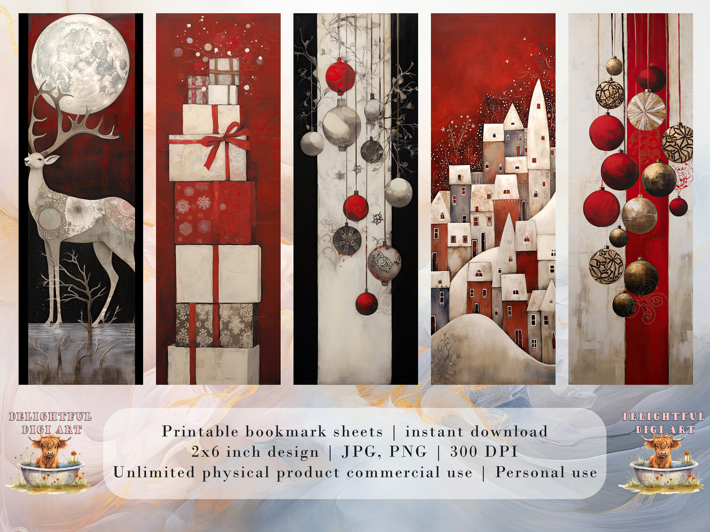 15 Whimsical Christmas Printable Bookmarks| Digital Download JPG Bookmark Sheets | Retro Xmas | Stocking Filler| DIY Gift Idea| Abstract Art