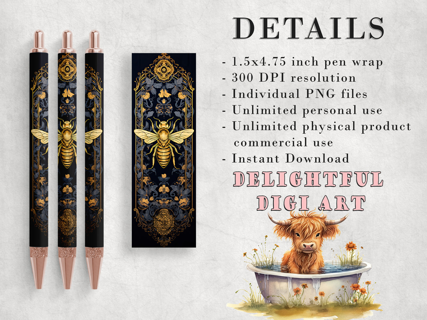 10 Gold Moth and Bee Pen Wrap PNGs | Navy & Gold Pen Wrap Sublimation Designs | Pen Waterslide Designs | Epoxy Pen Wraps | Celestial Art