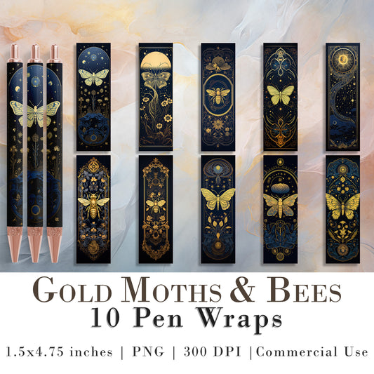 10 Gold Moth and Bee Pen Wrap PNGs | Navy & Gold Pen Wrap Sublimation Designs | Pen Waterslide Designs | Epoxy Pen Wraps | Celestial Art