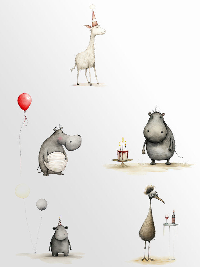 Cute Animal Party Whimsy Clipart: Happy Birthday Graphics for Crafts and Decor | PNG Bundle | Sublimation files| Quirky Printable Creatures