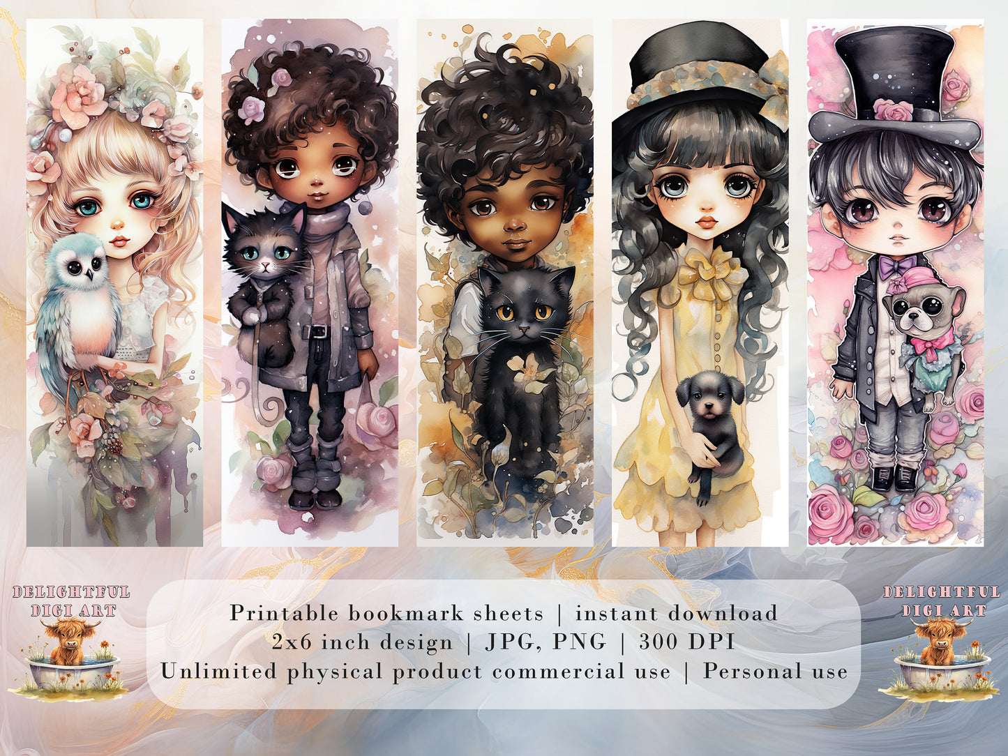 10 Chibi Kids & Pets Watercolor Printable Bookmarks | Digital Download JPG Bookmark Set | PNG bookmark | Big Eyes sublimation bookmark set