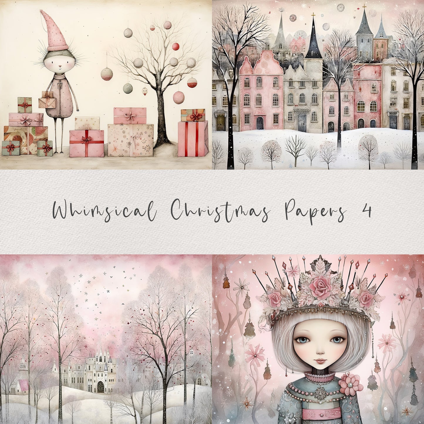 20 Whimsical Christmas Printable Art Pages| Digital Download JPG Paper Set| PNG sublimation| Whimsical Digital Paper | Pink Santa Claus