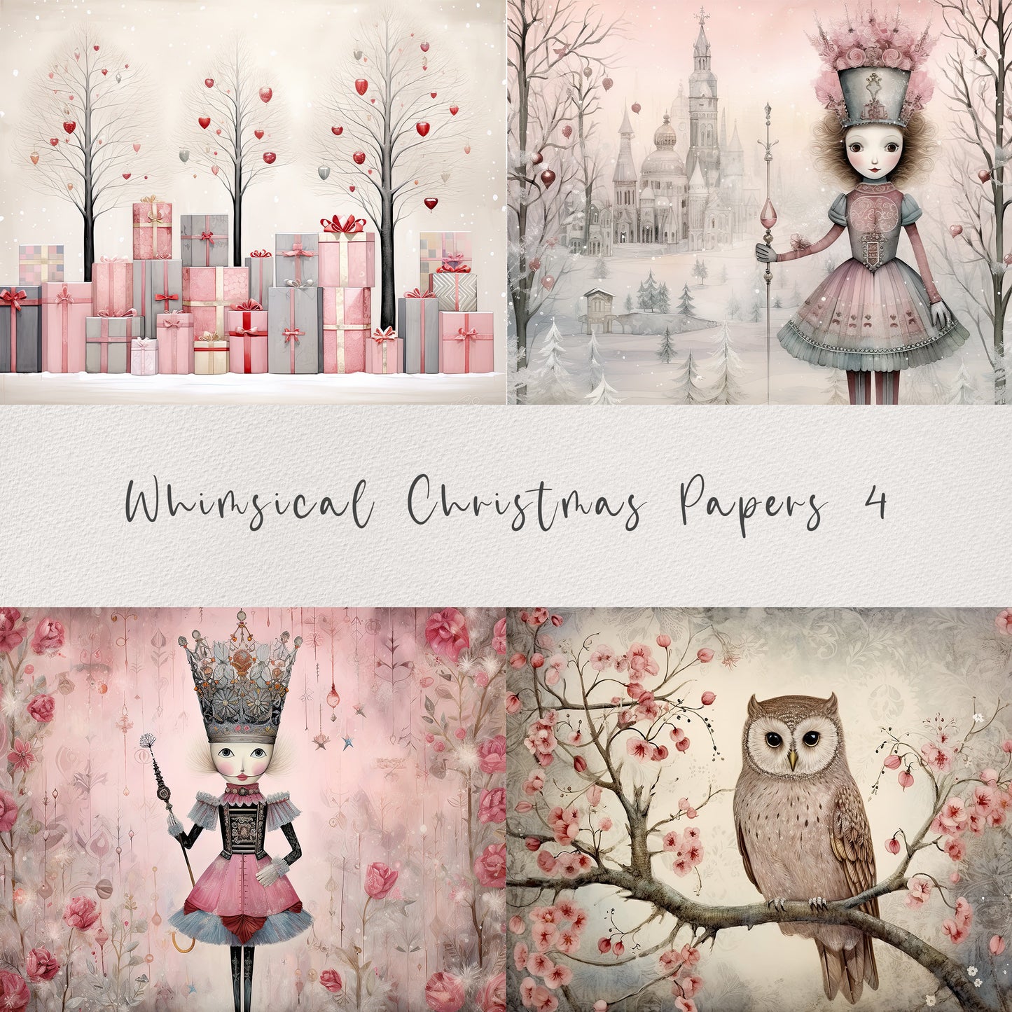 20 Whimsical Christmas Printable Art Pages| Digital Download JPG Paper Set| PNG sublimation| Whimsical Digital Paper | Pink Santa Claus