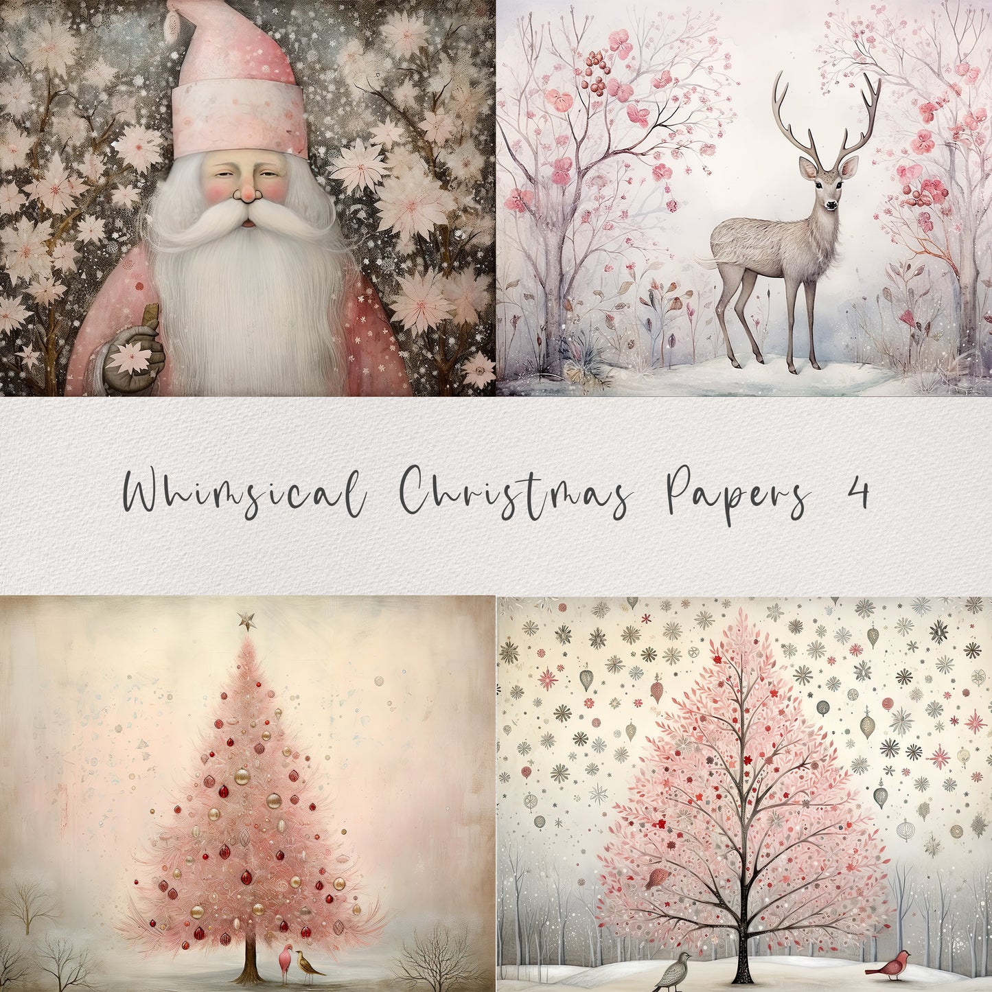 20 Whimsical Christmas Printable Art Pages| Digital Download JPG Paper Set| PNG sublimation| Whimsical Digital Paper | Pink Santa Claus