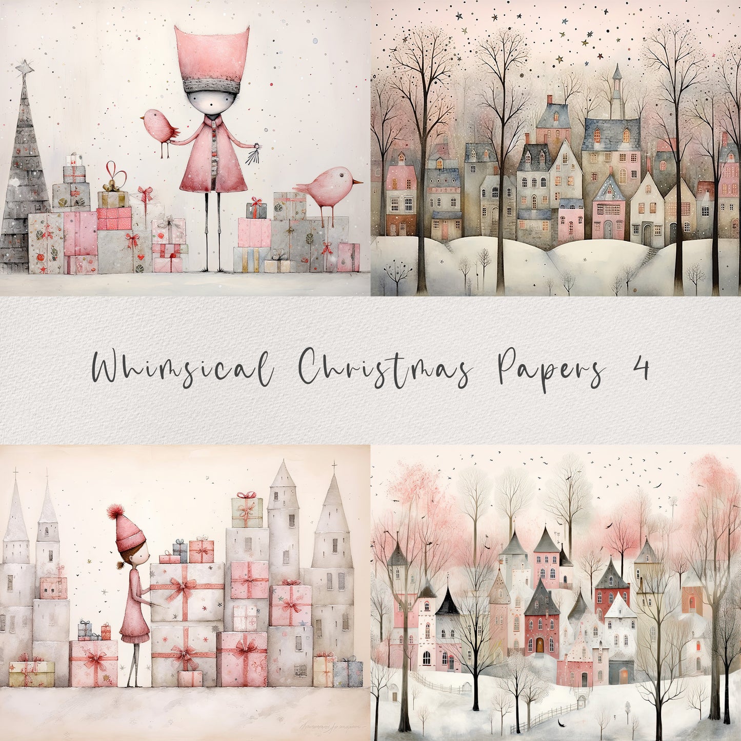 20 Whimsical Christmas Printable Art Pages| Digital Download JPG Paper Set| PNG sublimation| Whimsical Digital Paper | Pink Santa Claus