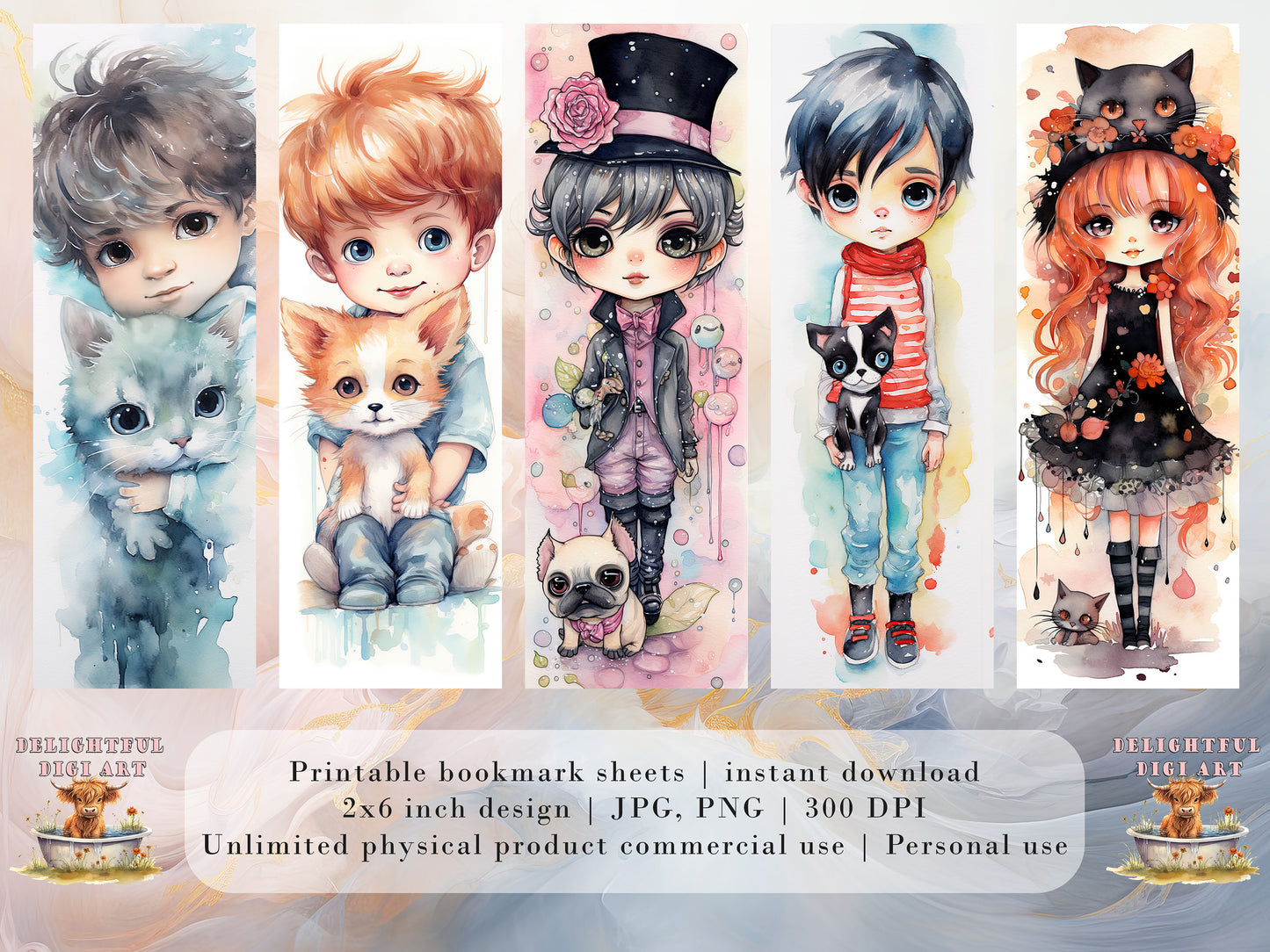 10 Chibi Kids & Pets Watercolor Printable Bookmarks | Digital Download JPG Bookmark Set | PNG bookmark | Big Eyes sublimation bookmark set