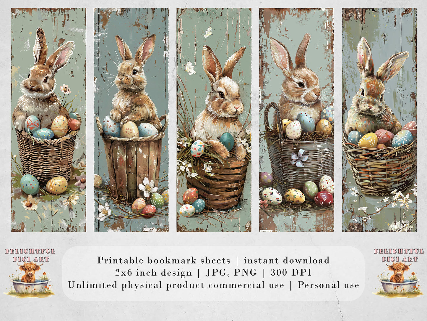 15 Easter Bunnies Printable Bookmarks| Digital Download JPG Bookmark Sheets| PNG bookmark sublimation| Cute Rabbits bookmark set Easter Gift
