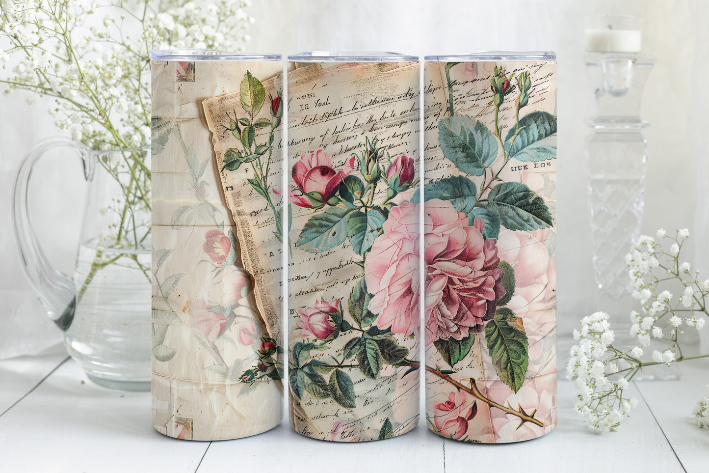 8 Junk Journal Pink Roses Tumbler Wraps, Straight 20oz Skinny Tumbler PNG, Vintage Design Bundle,Mother's Day Gift Mixed Media Flowers+Paper