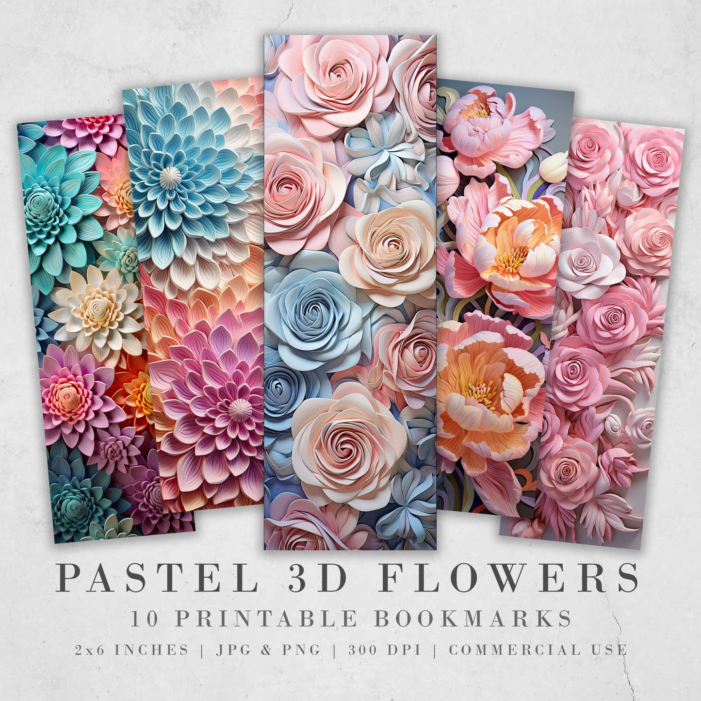 10 druckbare Lesezeichen mit 3D-Pastellblumen | Digitaler Download JPG-Lesezeichenblätter | PNG-Lesezeichen-Sublimation | Blumen-Lesezeichen-Set