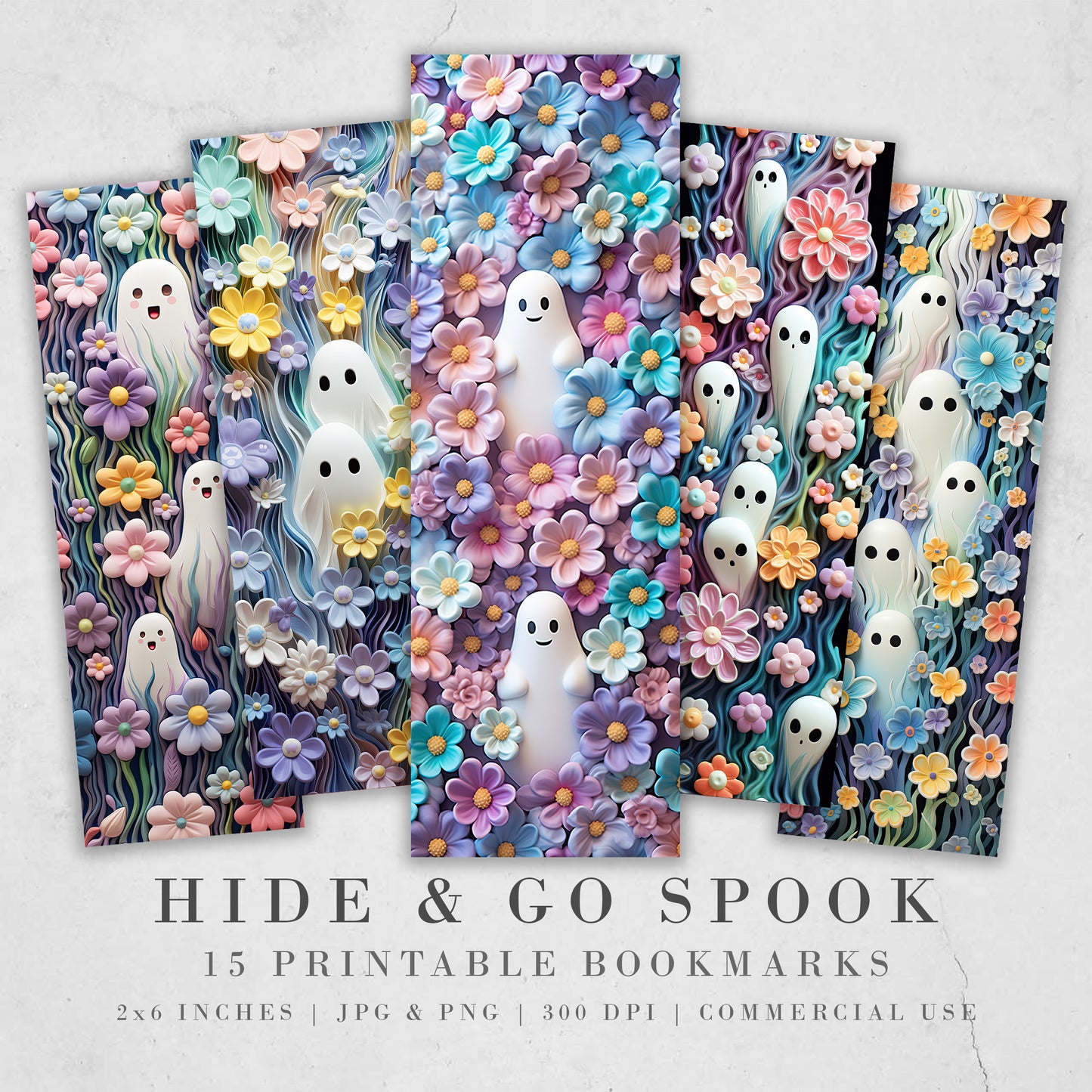 15 druckbare Lesezeichen „Hide And Go Spook“| Halloween JPG Lesezeichen Set| PNG-Lesezeichen-Sublimation| Gruseliges Pastell-Lesezeichen-Set| Geister und Blumen