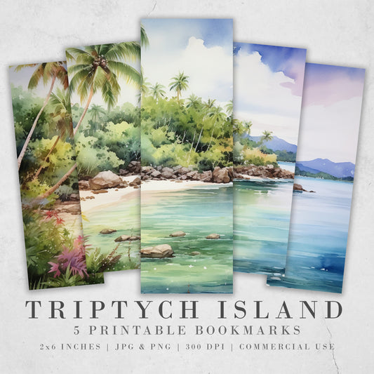 Triptychon-Insel druckbare Lesezeichen | Digitaler Download JPG-Lesezeichenblätter | PNG-Lesezeichen-Sublimation | Urlaubslesezeichen| Strumpffüller