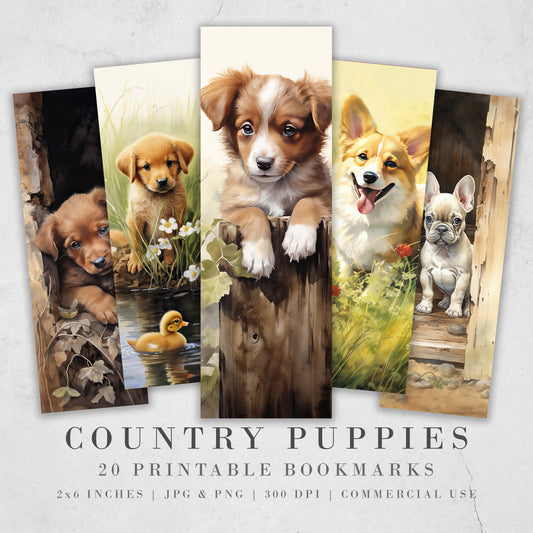 20 Cute Country Puppy Printable Bookmarks | Digital Download JPG Bookmark Set| PNG bookmark sublimation | Whimsical bookmarks | Fussy Cuts