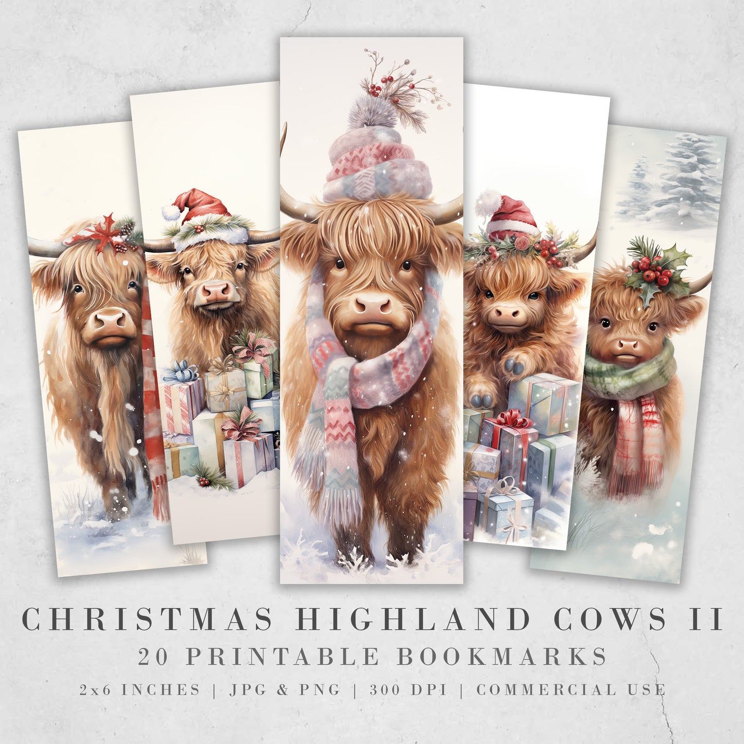 20 Christmas Highland Cow Printable Bookmarks | Digital Download JPG Bookmark Sheets | PNG bookmark sublimation | Calf bookmark set | Xmas