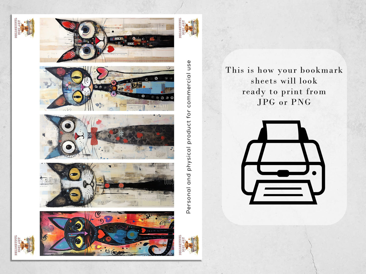 Meow Society Printable Bookmarks| 10 Quirky Mixed Media Cat Bookmark Sheets| PNG bookmark sublimation| Whimsical Cat Digital Bookmarks