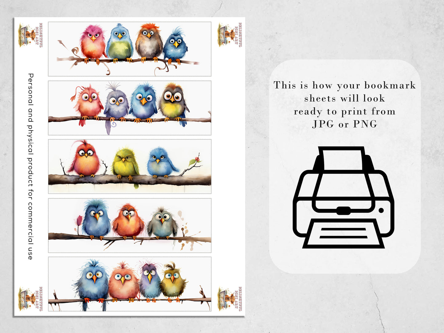 Funny Birds Printable Bookmarks | Digital Download JPG Bookmark Sheets | PNG bookmark sublimation | Quirky Birds On a Branch | Crafter Gift