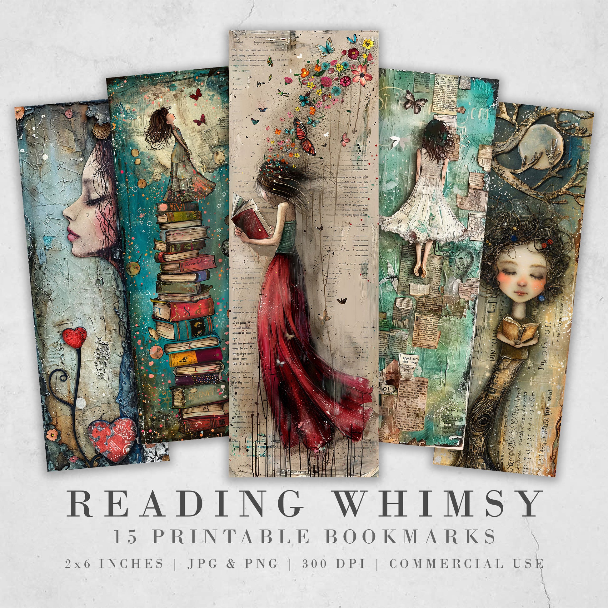 Reading Whimsy Printable Bookmarks| Mixed Media Bookmark Sheets| PNG sublimation| Book Lover Gift | Junk Journal Tags | Scrapbook Images