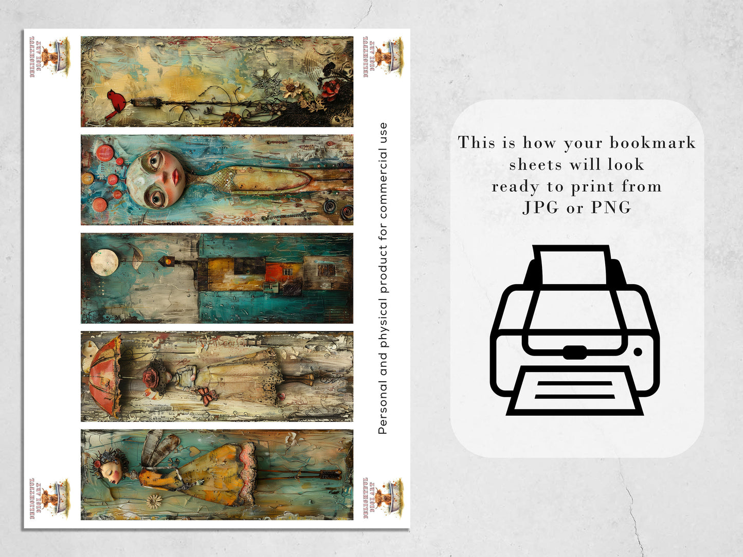 Whimsical & Quirky Printable Bookmarks| Mixed Media Bookmark Sheets| PNG sublimation| Book Lover Gift | Junk Journal Tags | Scrapbook Images