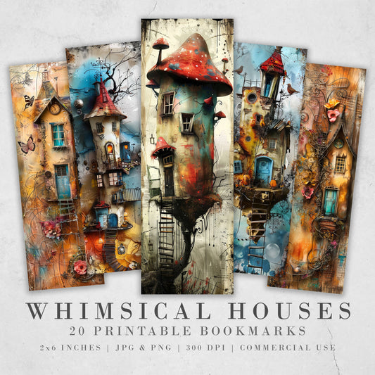 Whimsical Houses Printable Bookmarks| Mixed Media Bookmark Sheets| PNG sublimation| Book Lover Gift | Junk Journal Tags | Scrapbook Images